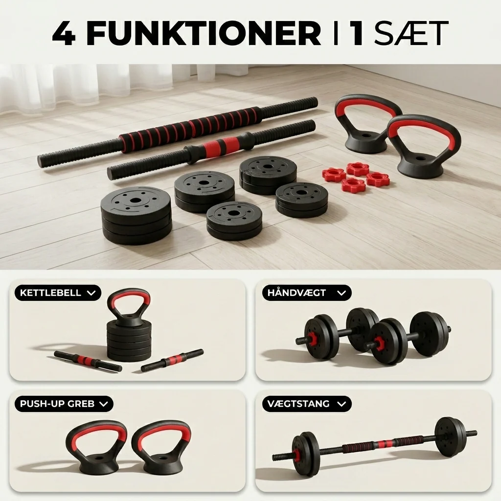 Multi-vægt Sæt 4-i-1 — Håndvægte, Kettlebell, Stang & Push-up Greb - Image 5